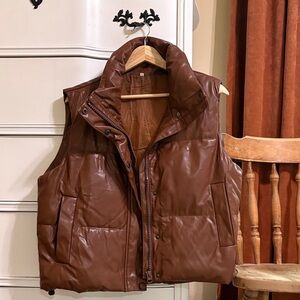 Faux Leather Brown Women's Puffer Vest